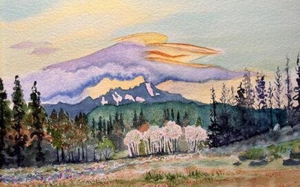 Painter Tim Barraud's watercolor of Sunset, Broken Top.